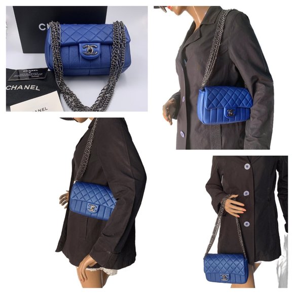 Authentic CHANEL CC Calfskin Blue Mini Flap Shoulder Bag/Ruthenium Hardware - Picture 10 of 11